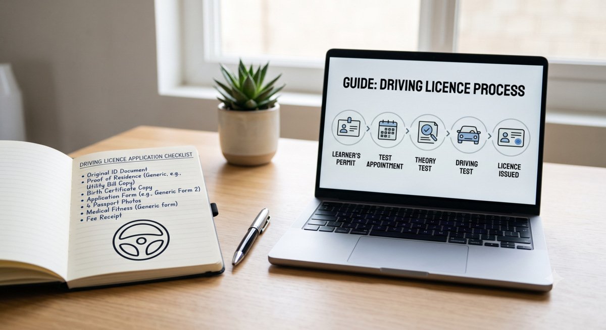 Educational banner illustrating driving licence application guide workflow